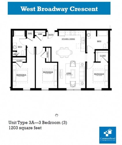 Floor plan for 3 beds, 1 bath, 1214 sqft